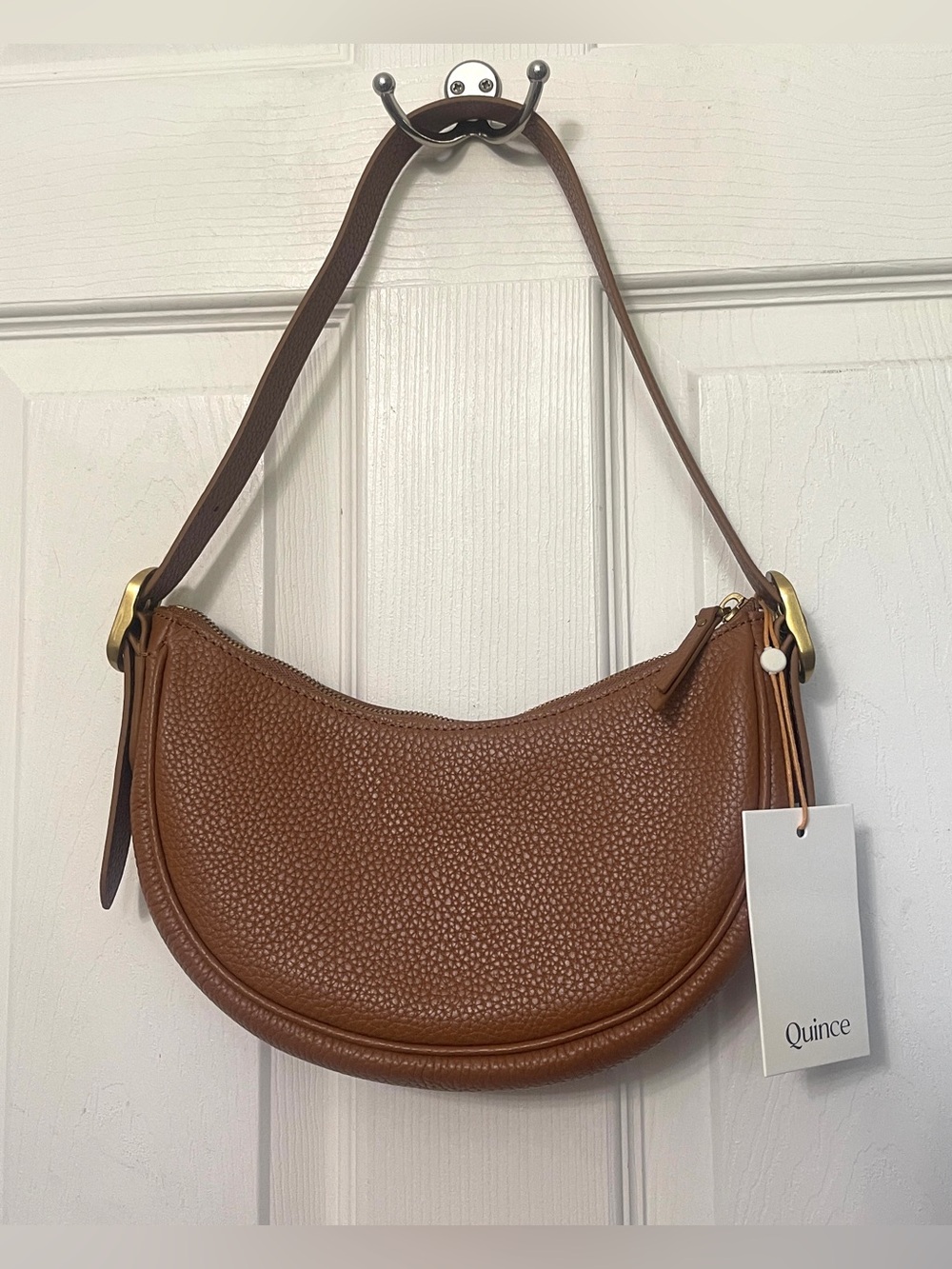 Quince Italian Leather Mini Crescent Shoulder Bag Brown Cognac Dustbag NWT - Picture 7 of 14